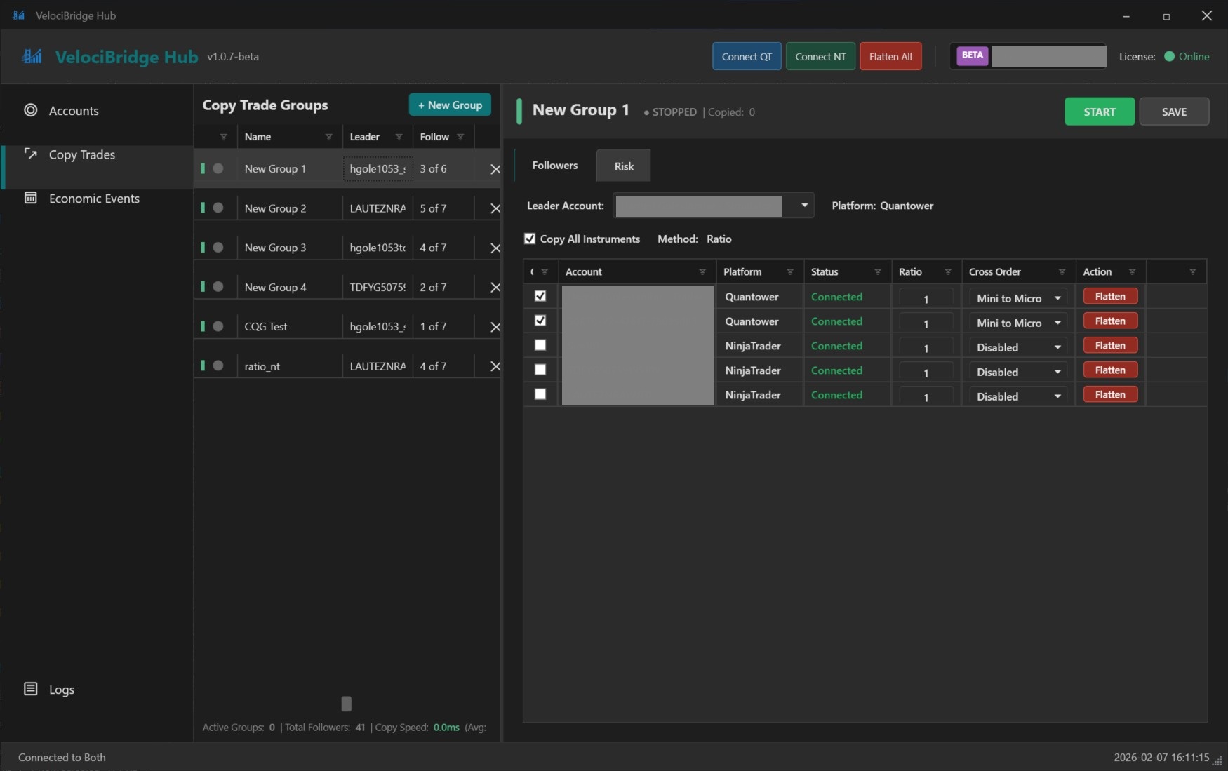 VelociBridge Copy Trade Groups with leader and follower account configuration